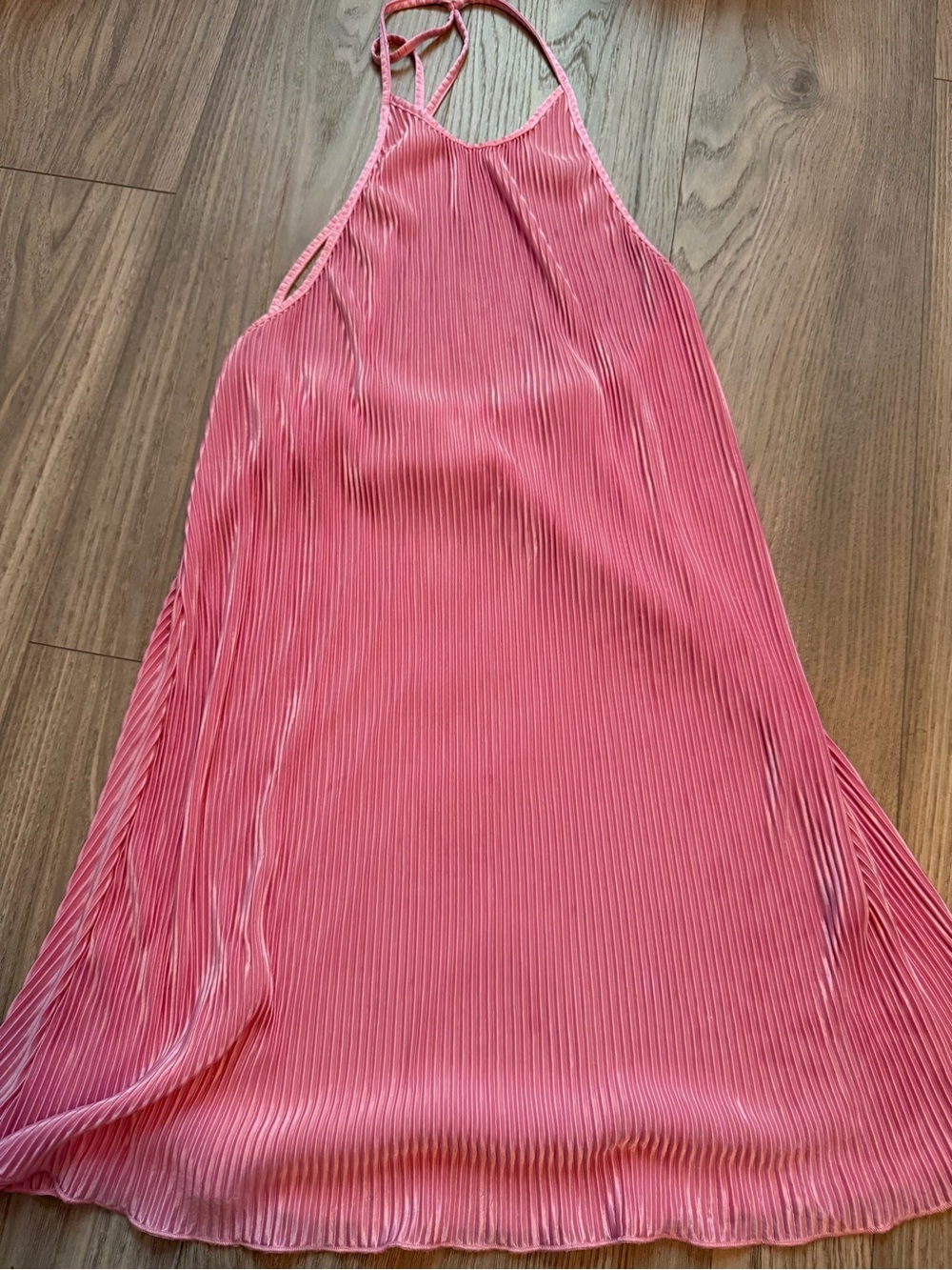 Pink Pleated Satin Halter Mini Dress Open Back Flowy Slip Dress